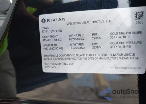 2025 Rivian R1S Adventure Dual Motor Large Pack/Adventure Dual Motor Max Pack из США, поврежденный, VIN 7PDSGBBA7SN074729